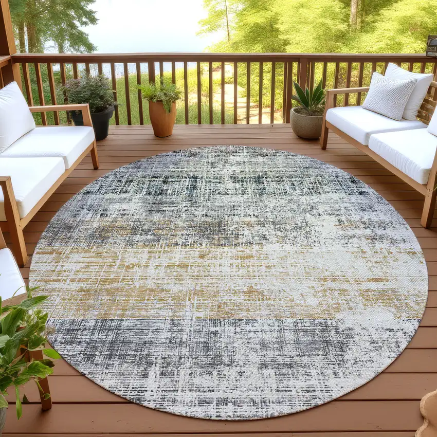 8' Gray Silver And Gold Round Striped Washable Indoor Outdoor Area Rug Photo 4