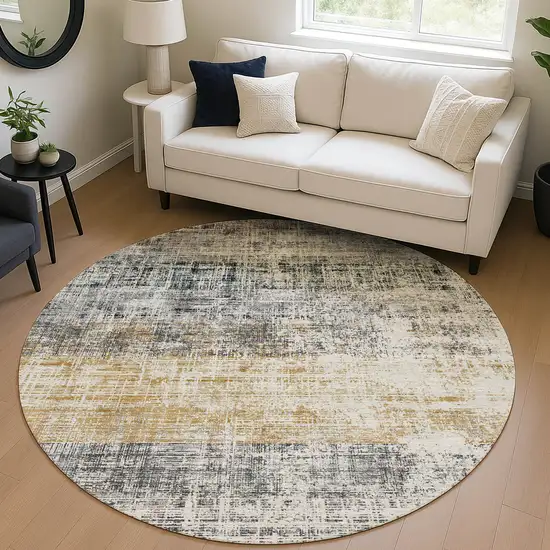 8' Gray Silver And Gold Round Striped Washable Indoor Outdoor Area Rug Photo 5