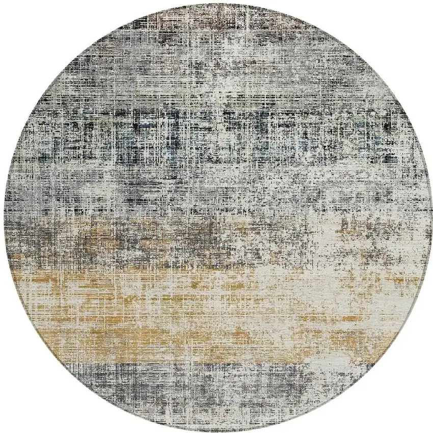 8' Gray Silver And Gold Round Striped Washable Indoor Outdoor Area Rug Photo 2