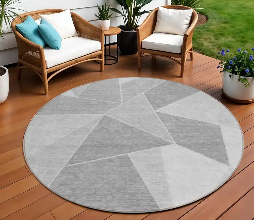 8' Gray Silver And Graphite Round Geometric Washable Indoor Outdoor Area Rug Photo 1