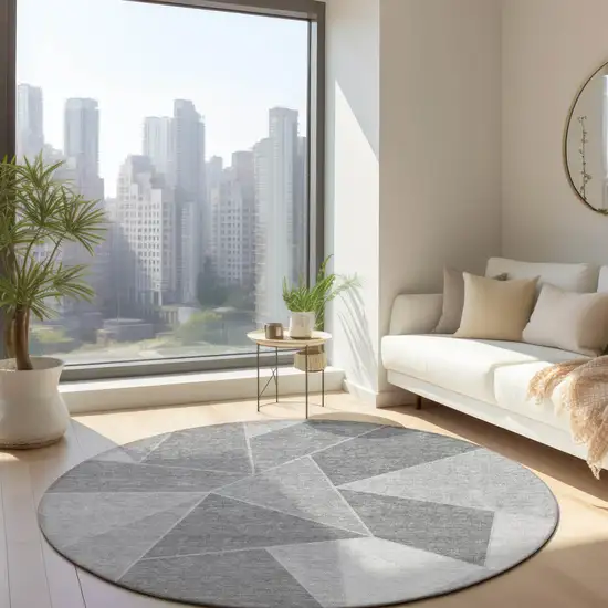 8' Gray Silver And Graphite Round Geometric Washable Indoor Outdoor Area Rug Photo 8