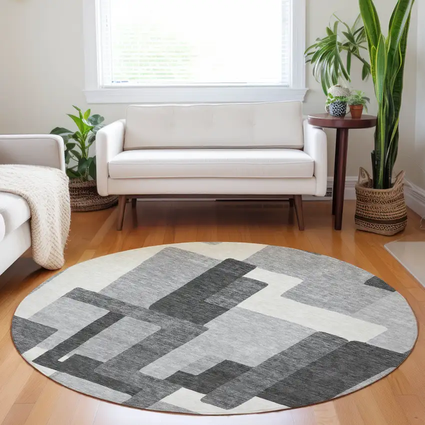 8' Gray Silver And Ivory Abstract Geometric Washable Round Rug With UV Protection Photo 5
