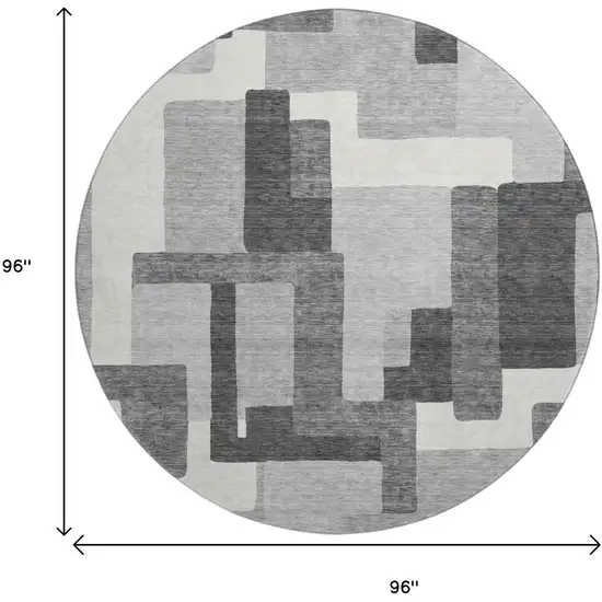 8' Gray Silver And Ivory Abstract Geometric Washable Round Rug With UV Protection Photo 3