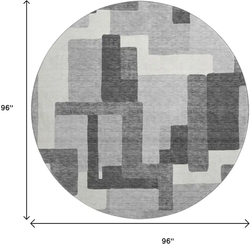 8' Gray Silver And Ivory Abstract Geometric Washable Round Rug With UV Protection Photo 3