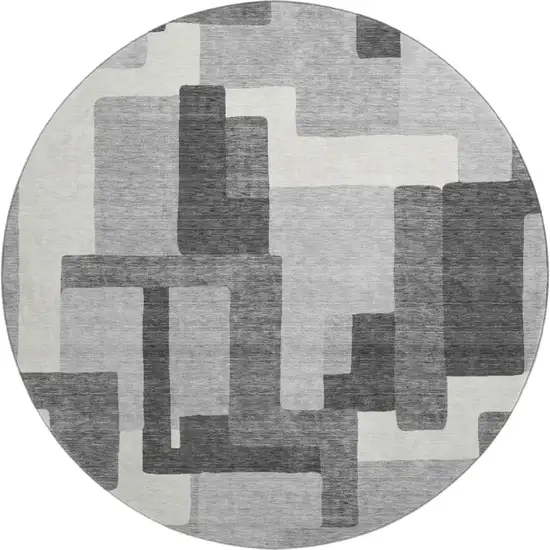 8' Gray Silver And Ivory Abstract Geometric Washable Round Rug With UV Protection Photo 1
