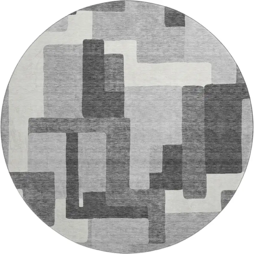 8' Gray Silver And Ivory Abstract Geometric Washable Round Rug With UV Protection Photo 1