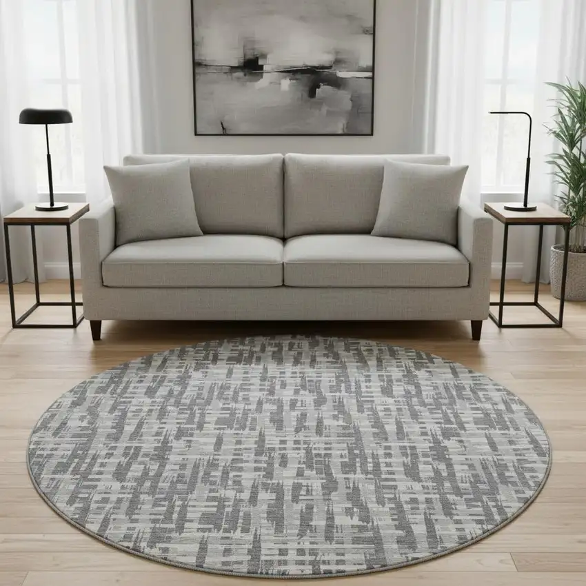 8' Gray Silver And Ivory Abstract Geometric Washable Round Rug With UV Protection Photo 2