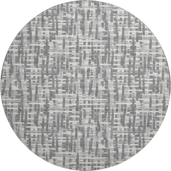 8' Gray Silver And Ivory Abstract Geometric Washable Round Rug With UV Protection Photo 1