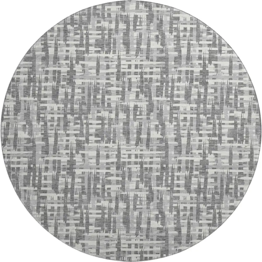 8' Gray Silver And Ivory Abstract Geometric Washable Round Rug With UV Protection Photo 1