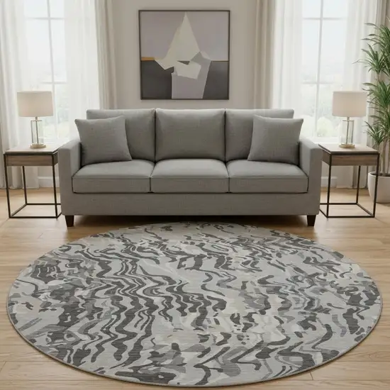8' Gray Silver And Ivory Abstract Washable Round Rug With UV Protection Photo 2