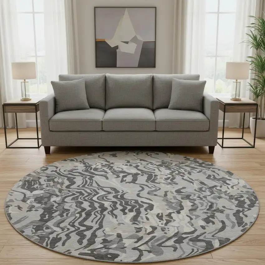 8' Gray Silver And Ivory Abstract Washable Round Rug With UV Protection Photo 2