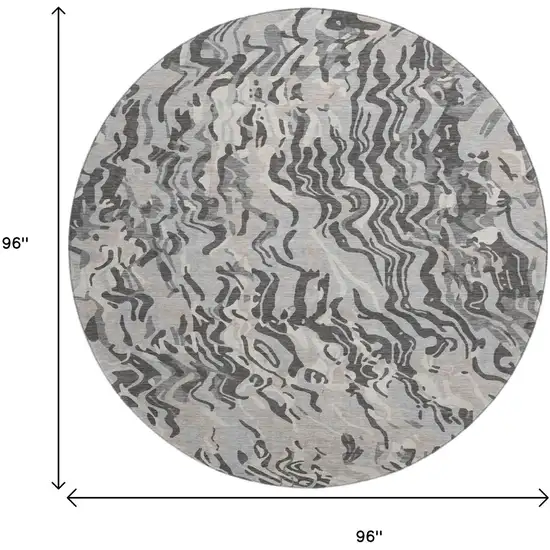 8' Gray Silver And Ivory Abstract Washable Round Rug With UV Protection Photo 9