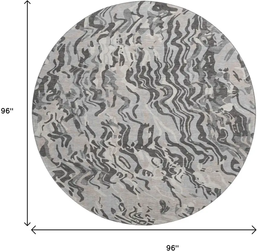 8' Gray Silver And Ivory Abstract Washable Round Rug With UV Protection Photo 9