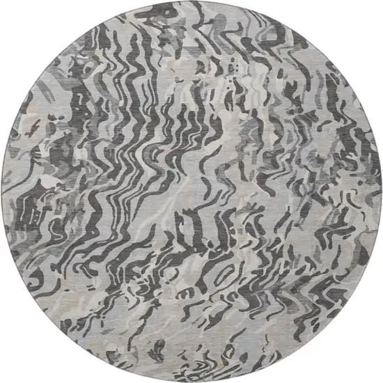 8' Gray Silver And Ivory Abstract Washable Round Rug With UV Protection Photo 3