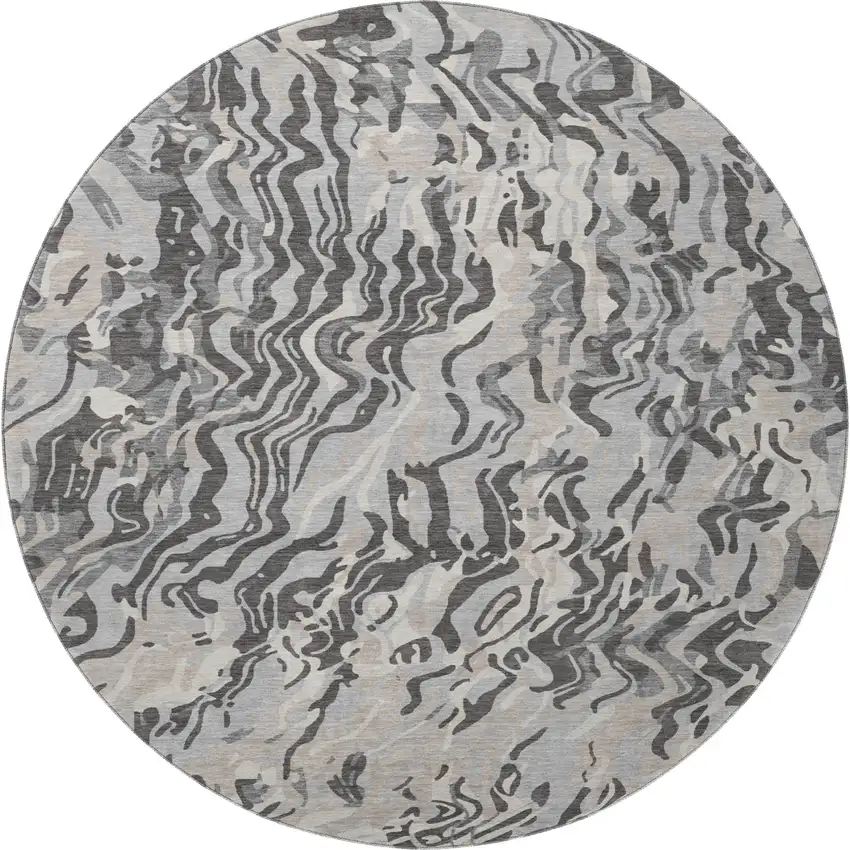 8' Gray Silver And Ivory Abstract Washable Round Rug With UV Protection Photo 3