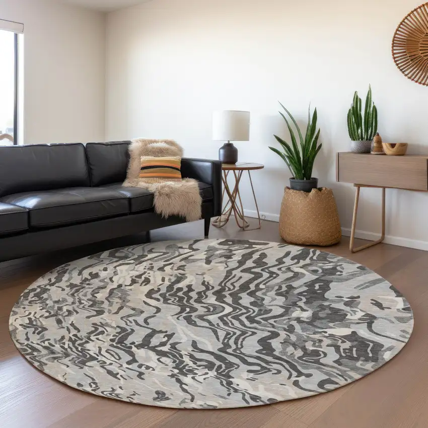 8' Gray Silver And Ivory Abstract Washable Round Rug With UV Protection Photo 4