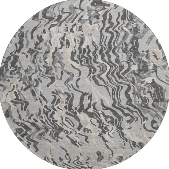 8' Gray Silver And Ivory Abstract Washable Round Rug With UV Protection Photo 2