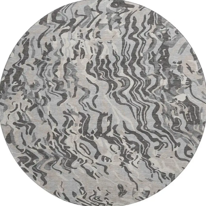 8' Gray Silver And Ivory Abstract Washable Round Rug With UV Protection Photo 2