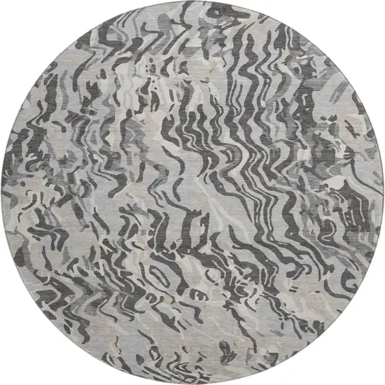 8' Gray Silver And Ivory Abstract Washable Round Rug With UV Protection Photo 1