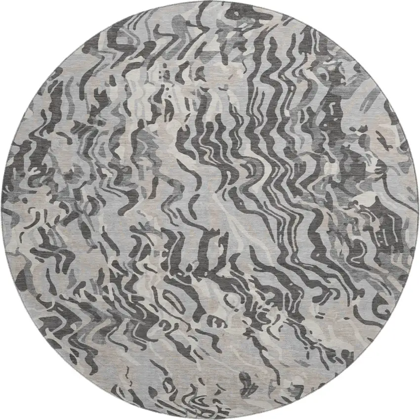 8' Gray Silver And Ivory Abstract Washable Round Rug With UV Protection Photo 1