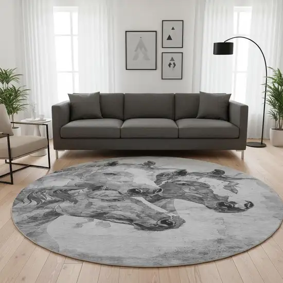 8' Gray Silver And Ivory Animal Print Washable Round Rug With UV Protection Photo 2