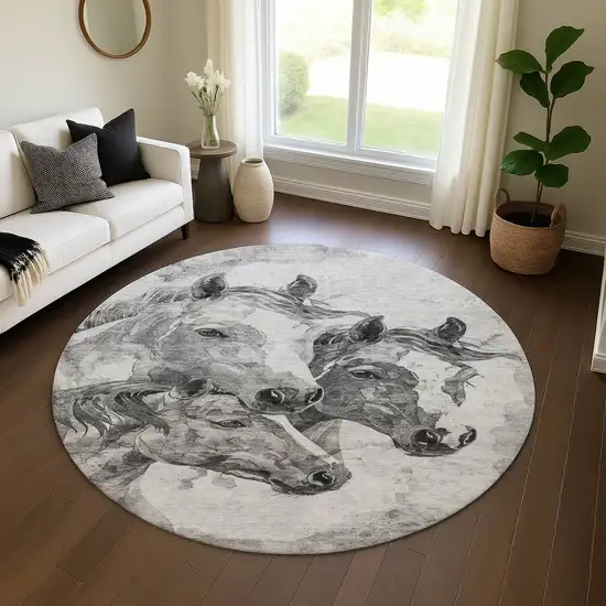 8' Gray Silver And Ivory Animal Print Washable Round Rug With UV Protection Photo 4