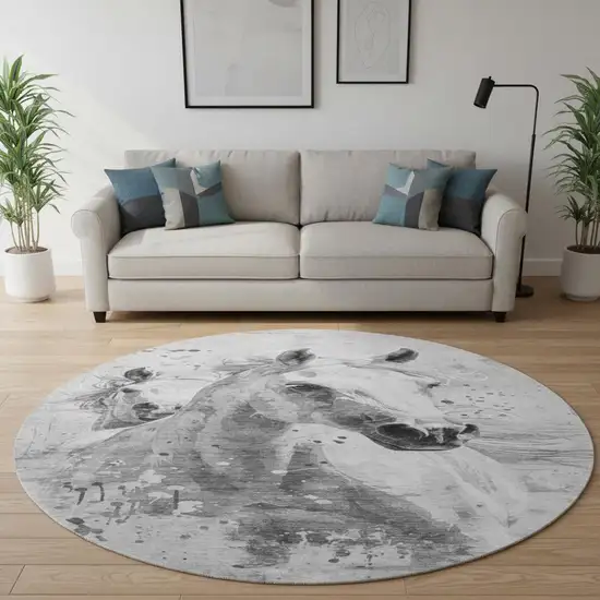 8' Gray Silver And Ivory Animal Print Washable Round Rug With UV Protection Photo 2