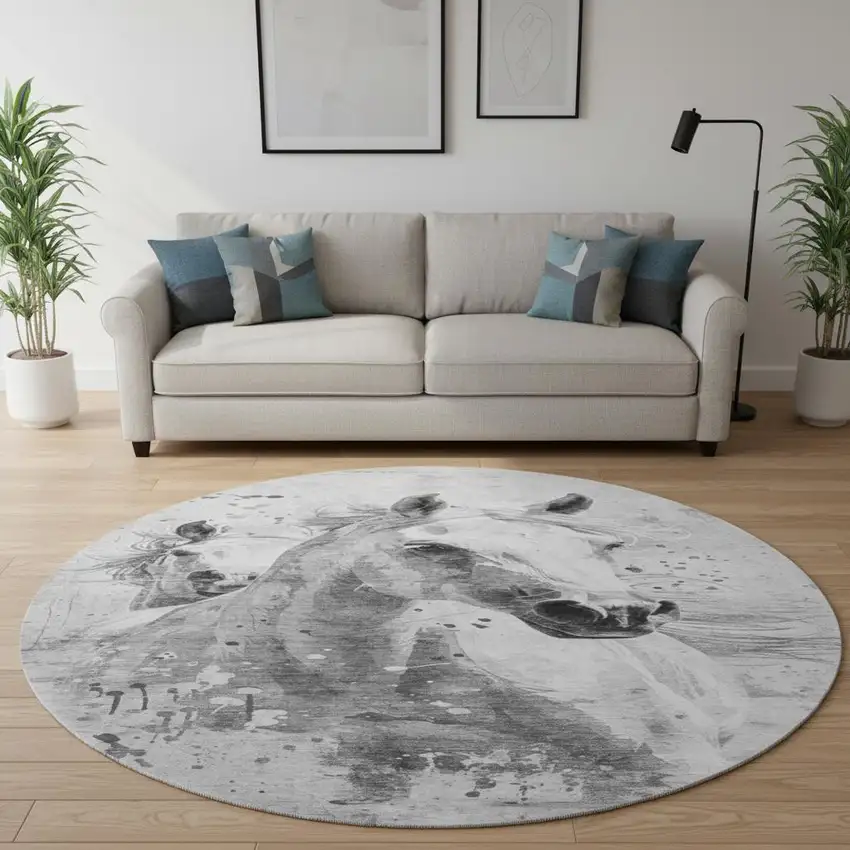 8' Gray Silver And Ivory Animal Print Washable Round Rug With UV Protection Photo 2
