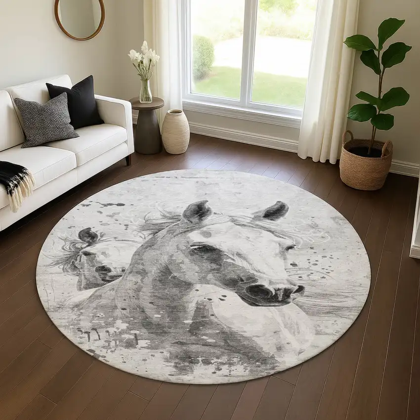 8' Gray Silver And Ivory Animal Print Washable Round Rug With UV Protection Photo 3