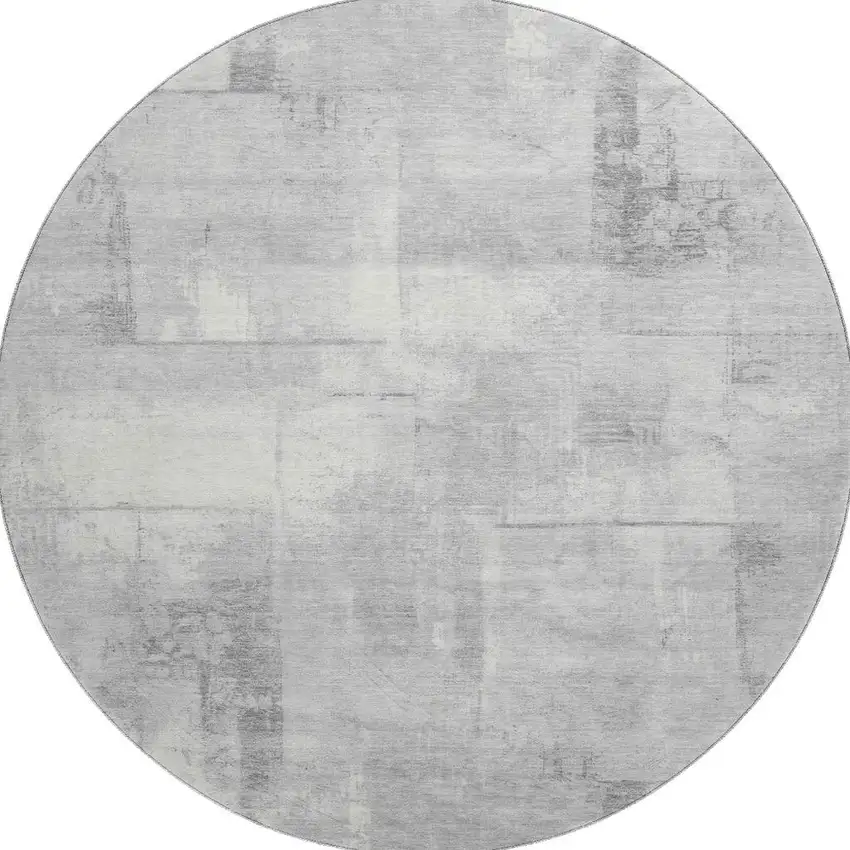 8' Gray Silver And Ivory Geometric Washable Round Rug With UV Protection Photo 3