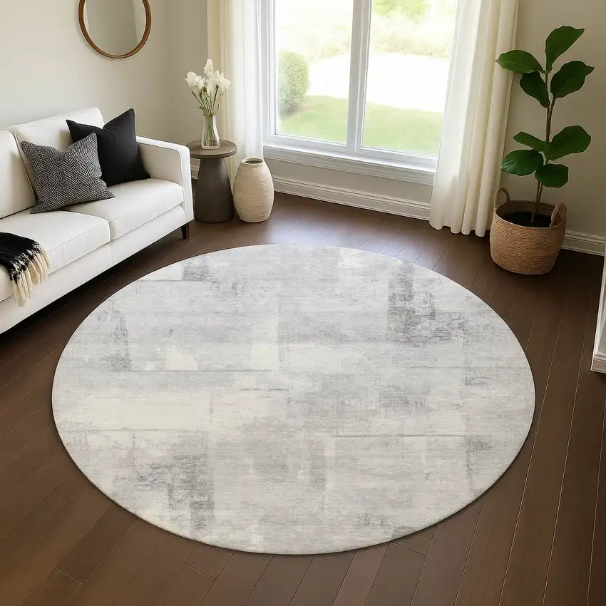 8' Gray Silver And Ivory Geometric Washable Round Rug With UV Protection Photo 4