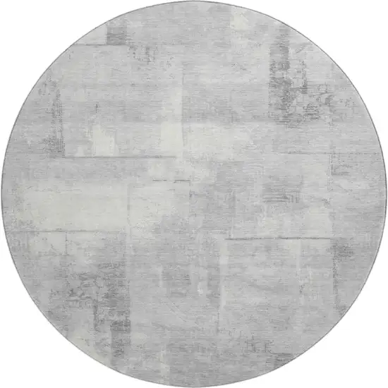 8' Gray Silver And Ivory Geometric Washable Round Rug With UV Protection Photo 1