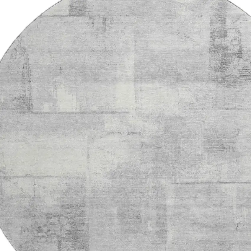 8' Gray Silver And Ivory Geometric Washable Round Rug With UV Protection Photo 2