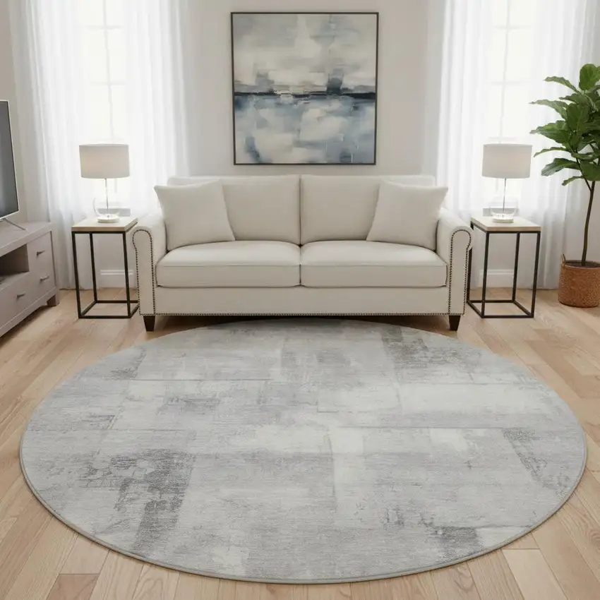 8' Gray Silver And Ivory Geometric Washable Round Rug With UV Protection Photo 2