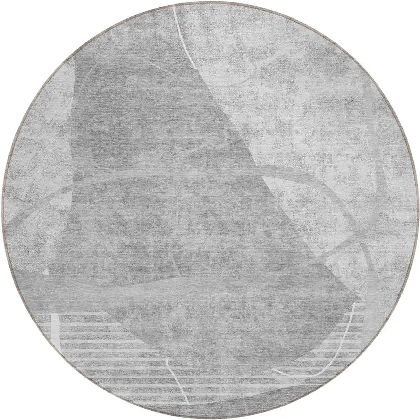 8' Gray Silver And Ivory Round Abstract Washable Indoor Outdoor Area Rug Photo 2