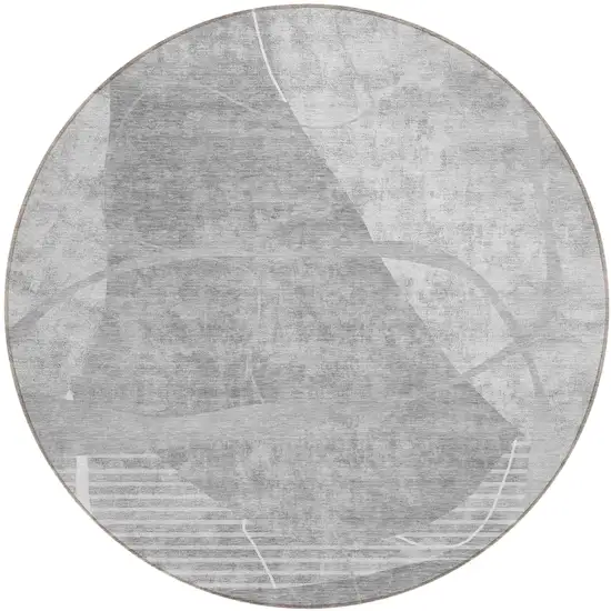 8' Gray Silver And Ivory Round Abstract Washable Indoor Outdoor Area Rug Photo 2