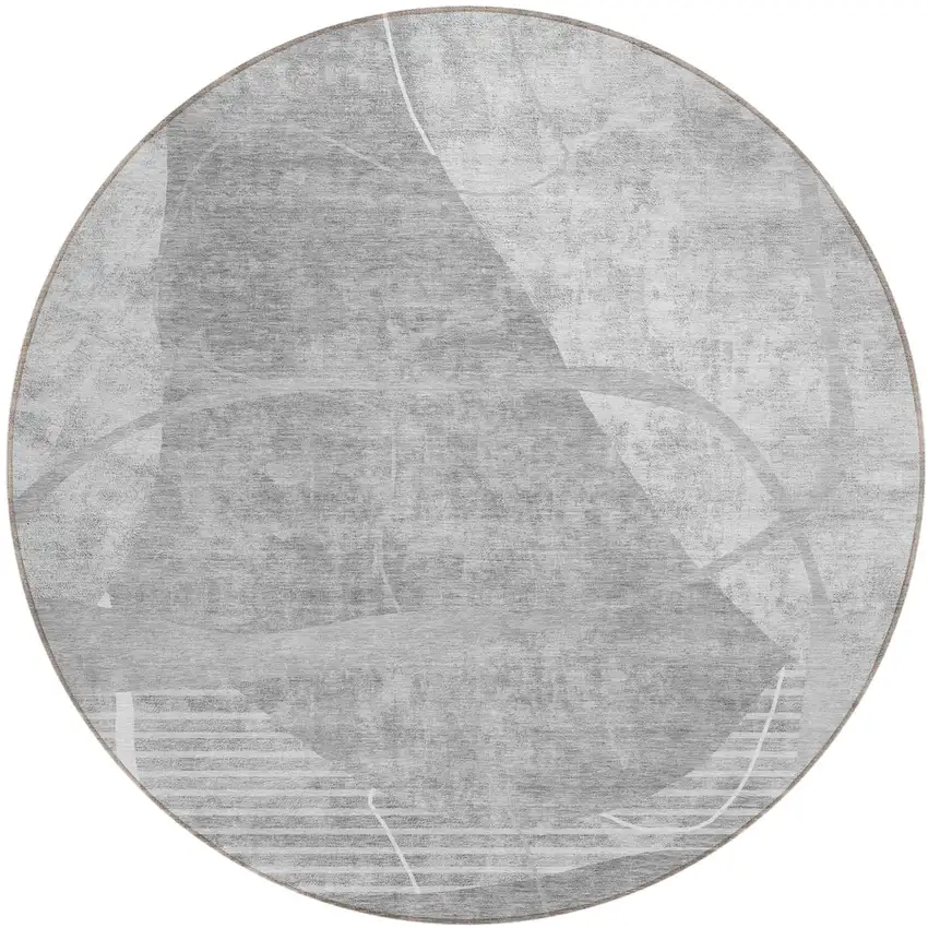 8' Gray Silver And Ivory Round Abstract Washable Indoor Outdoor Area Rug Photo 2