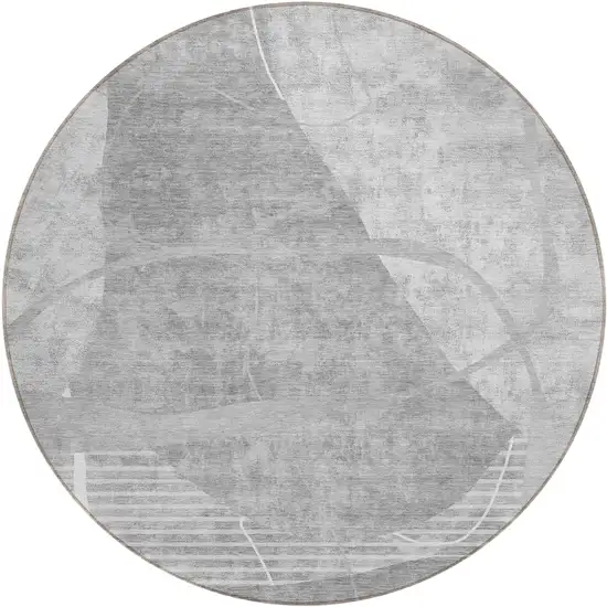 8' Gray Silver And Ivory Round Abstract Washable Indoor Outdoor Area Rug Photo 2