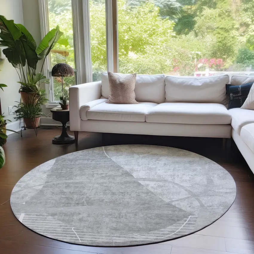 8' Gray Silver And Ivory Round Abstract Washable Indoor Outdoor Area Rug Photo 7