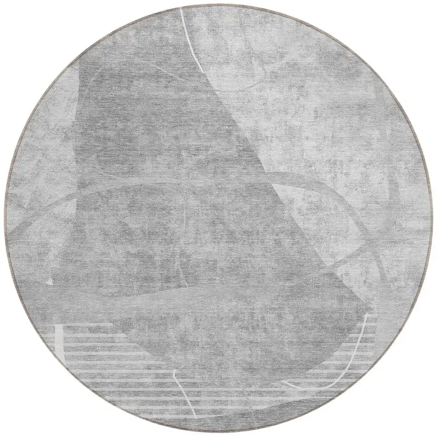 8' Gray Silver And Ivory Round Abstract Washable Indoor Outdoor Area Rug Photo 5