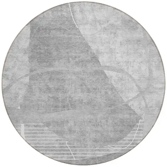 8' Gray Silver And Ivory Round Abstract Washable Indoor Outdoor Area Rug Photo 5