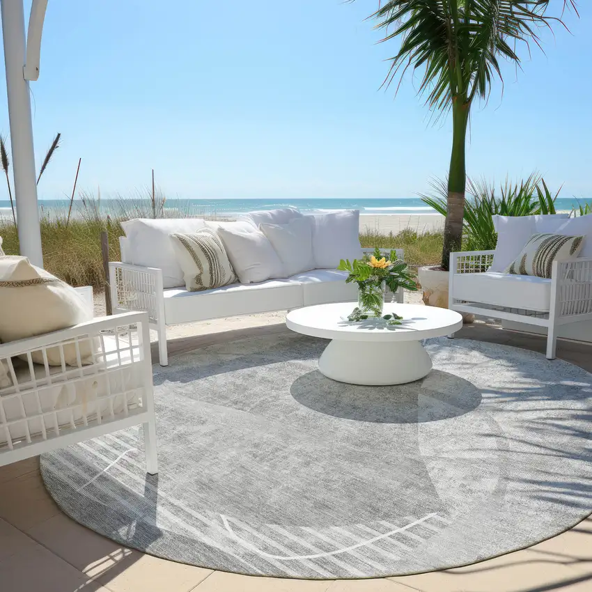 8' Gray Silver And Ivory Round Abstract Washable Indoor Outdoor Area Rug Photo 6