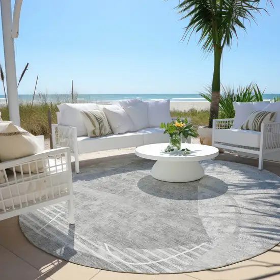 8' Gray Silver And Ivory Round Abstract Washable Indoor Outdoor Area Rug Photo 6