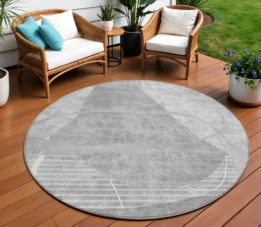 8' Gray Silver And Ivory Round Abstract Washable Indoor Outdoor Area Rug Photo 1