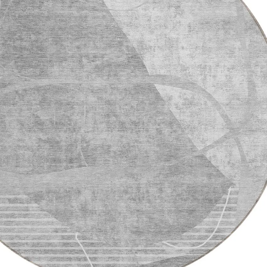 8' Gray Silver And Ivory Round Abstract Washable Indoor Outdoor Area Rug Photo 4