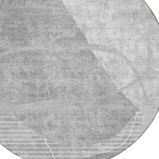 8' Gray Silver And Ivory Round Abstract Washable Indoor Outdoor Area Rug Photo 4
