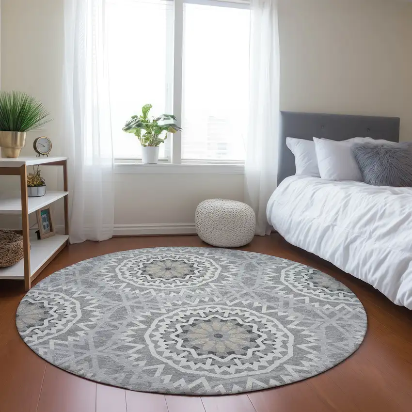 8' Gray Silver And Ivory Round Floral Medallion Washable Indoor Outdoor Area Rug Photo 6