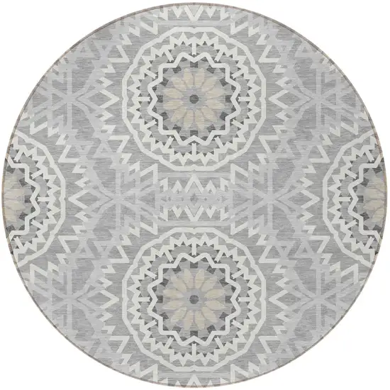 8' Gray Silver And Ivory Round Floral Medallion Washable Indoor Outdoor Area Rug Photo 4