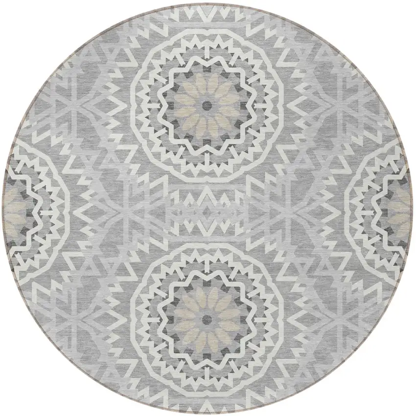 8' Gray Silver And Ivory Round Floral Medallion Washable Indoor Outdoor Area Rug Photo 4