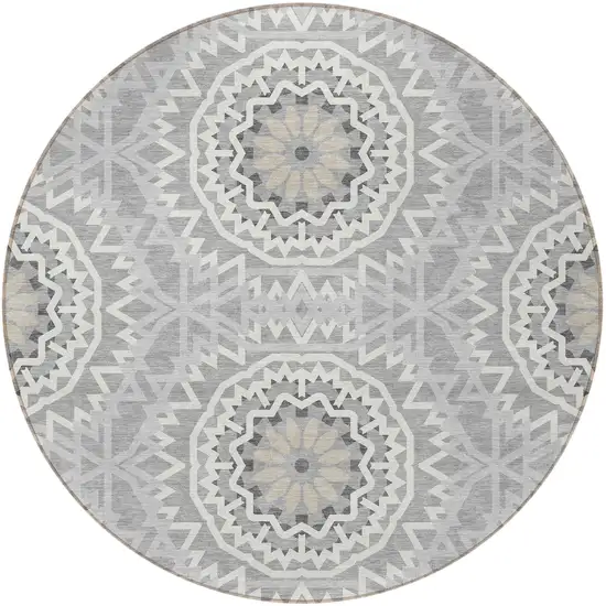 8' Gray Silver And Ivory Round Floral Medallion Washable Indoor Outdoor Area Rug Photo 4